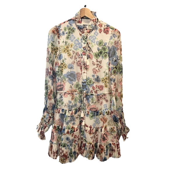 Alexis Jaila Floral Long Sleeve Button-Up Cinch Waist Tiered Mini Dress, Size S - Picture 3 of 6